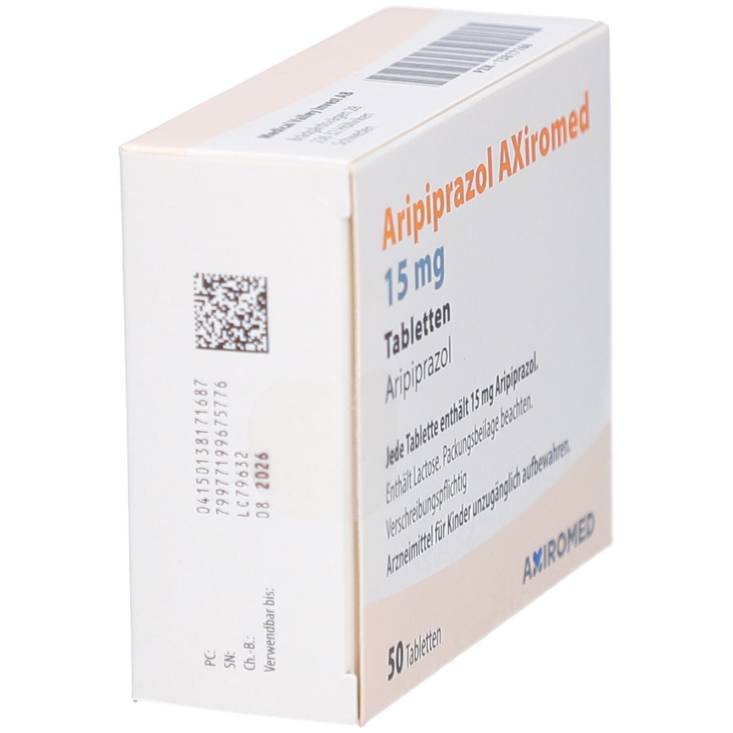 Seitenansicht der Tablettenschachtel. Aufschrift: Aripiprazol AXiromed 15 mg, 50 Tabletten. Enthält Informationen.