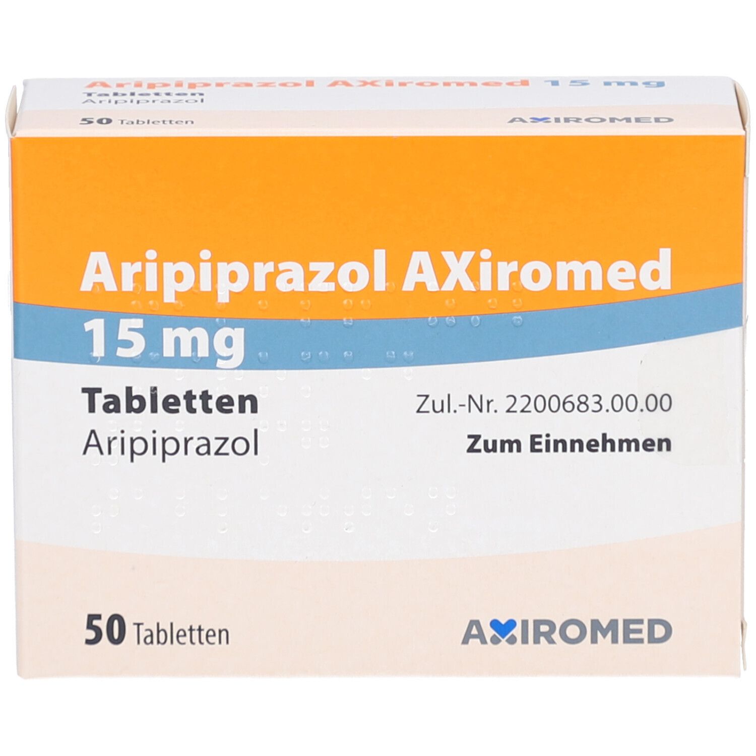 Tablettenschachtel. Aufschrift: Aripiprazol AXiromed 15 mg, 50 Tabletten. Orange-weiße Verpackung.