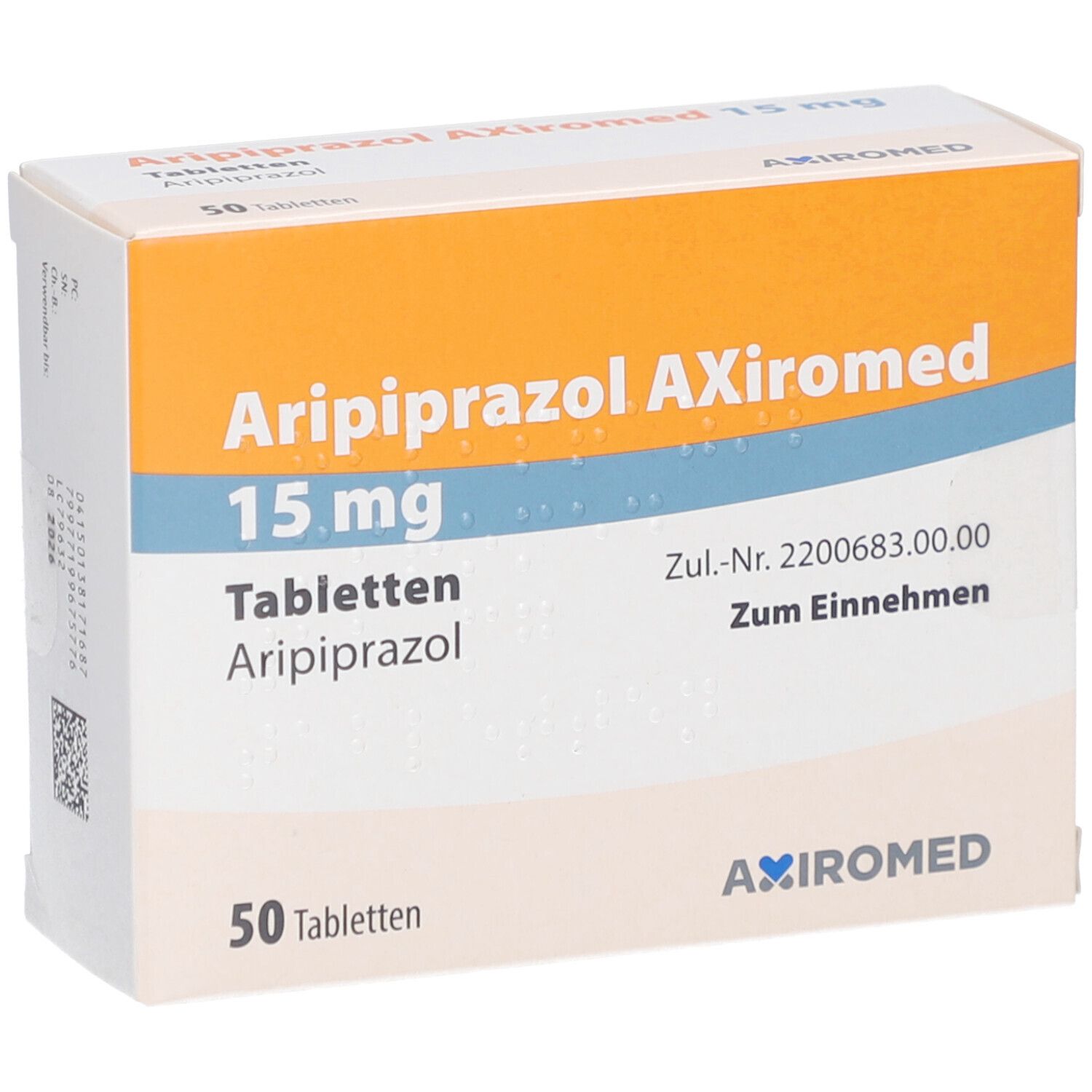Tablettenschachtel. Aufschrift: Aripiprazol AXiromed 15 mg, 50 Tabletten. Orange-weiße Verpackung.