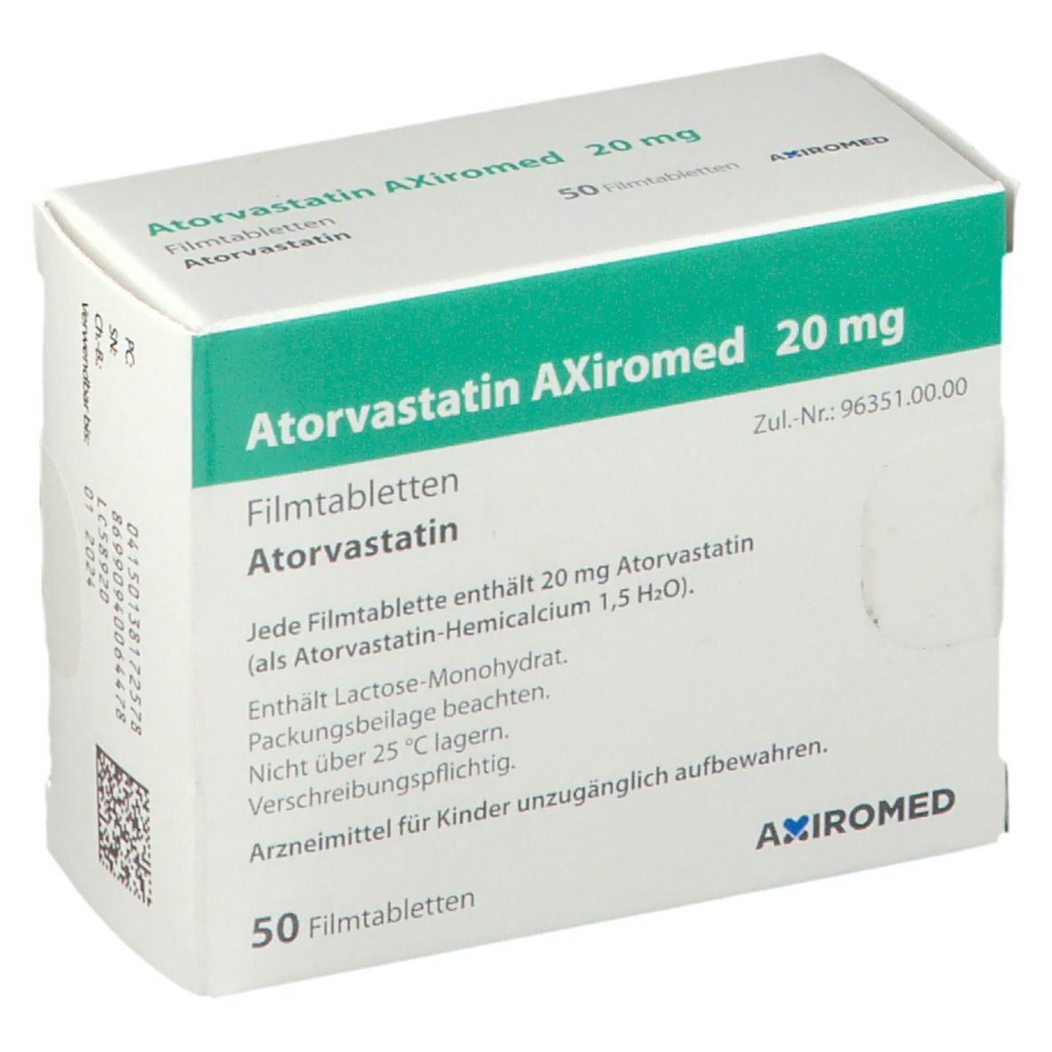 Schachtel Atorvastatin Axiromed 20 mg. Grün-weiße Verpackung mit Produktinformationen. 50 Filmtabletten. Text auf Deutsch.