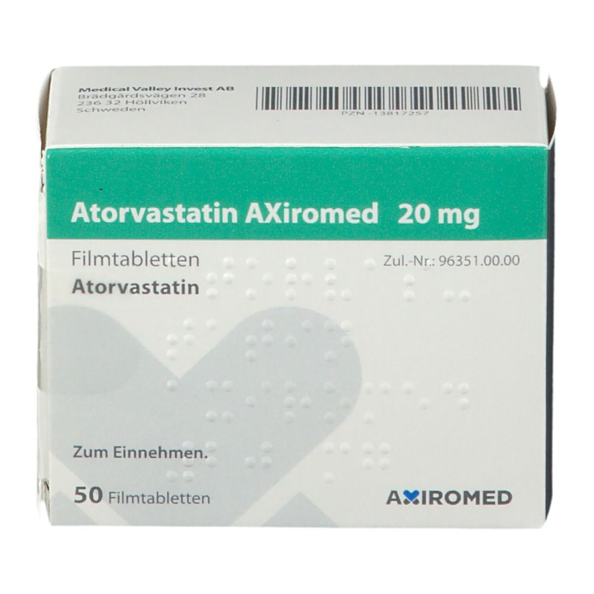 Schachtel Atorvastatin Axiromed 20 mg. Grün-weiße Verpackung mit Produktnamen und Dosierung. 50 Filmtabletten. Ansicht von oben.