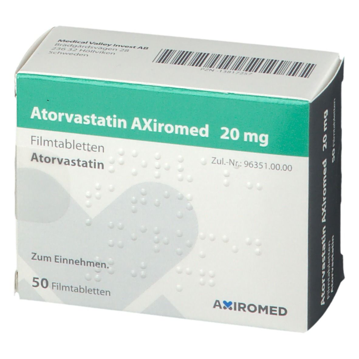Schachtel Atorvastatin Axiromed 20 mg. Grün-weiße Verpackung mit Produktnamen und Dosierung. 50 Filmtabletten. Ansicht von oben.