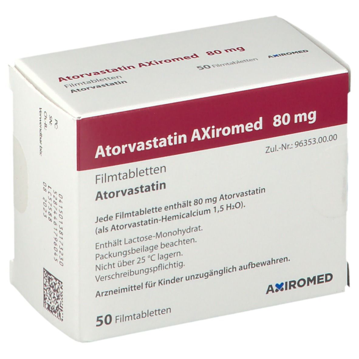 Schachtel Atorvastatin AXiromed 80 mg. Aufschrift: 50 Filmtabletten. Enthält 80 mg Atorvastatin. Weiße Verpackung.