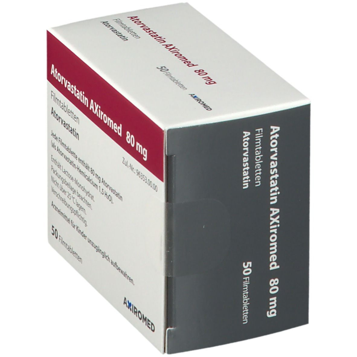 Schachtel Atorvastatin AXiromed 80 mg. Aufschrift: 50 Filmtabletten. Enthält 80 mg Atorvastatin. Weiße Verpackung.