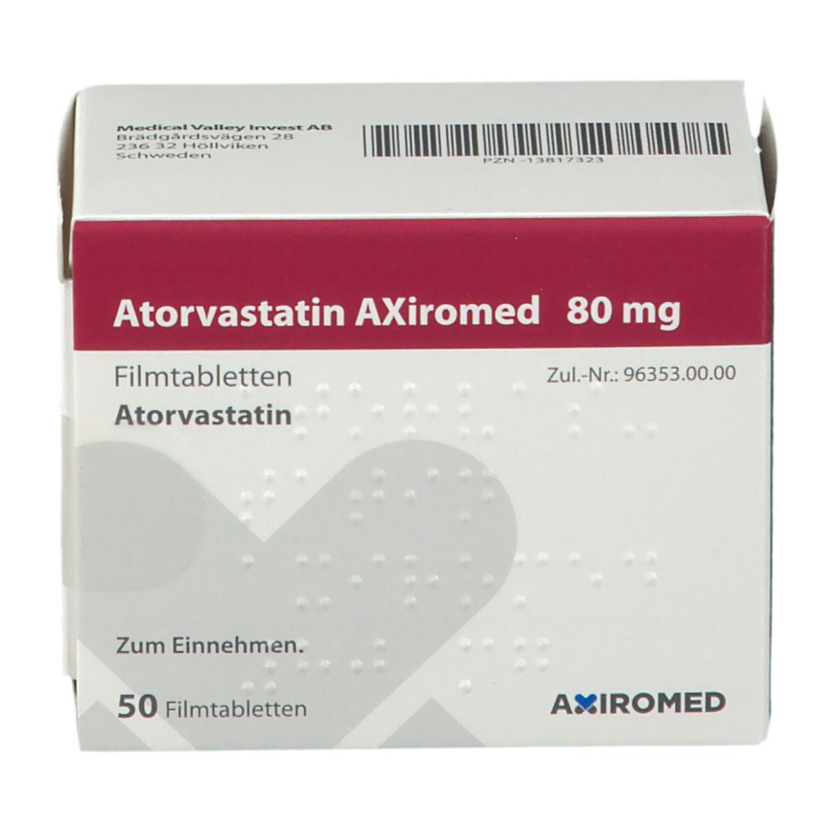 Schachtel Atorvastatin AXiromed 80 mg. Aufschrift: 50 Filmtabletten. Rote und weiße Verpackung mit Barcode.
