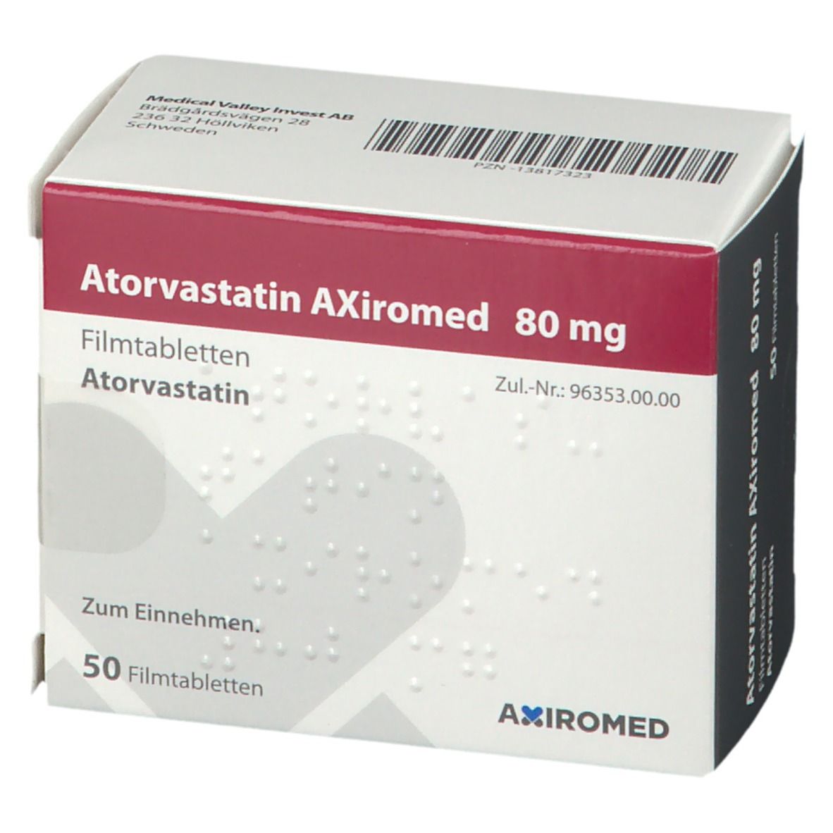 Schachtel Atorvastatin AXiromed 80 mg. Aufschrift: 50 Filmtabletten. Rote und graue Verpackung mit Barcode.