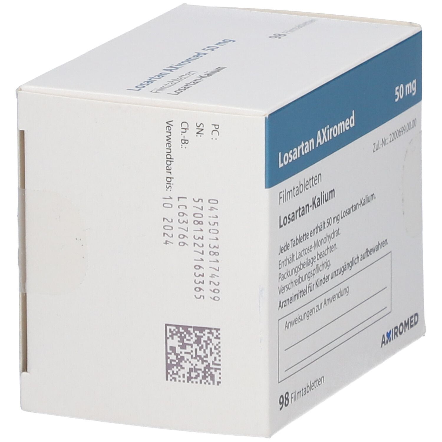Losartan AXiromed 50 mg Filmtabletten, 98 Stück. AXiromed Marke. Verfallsdatum: 10.2024.
