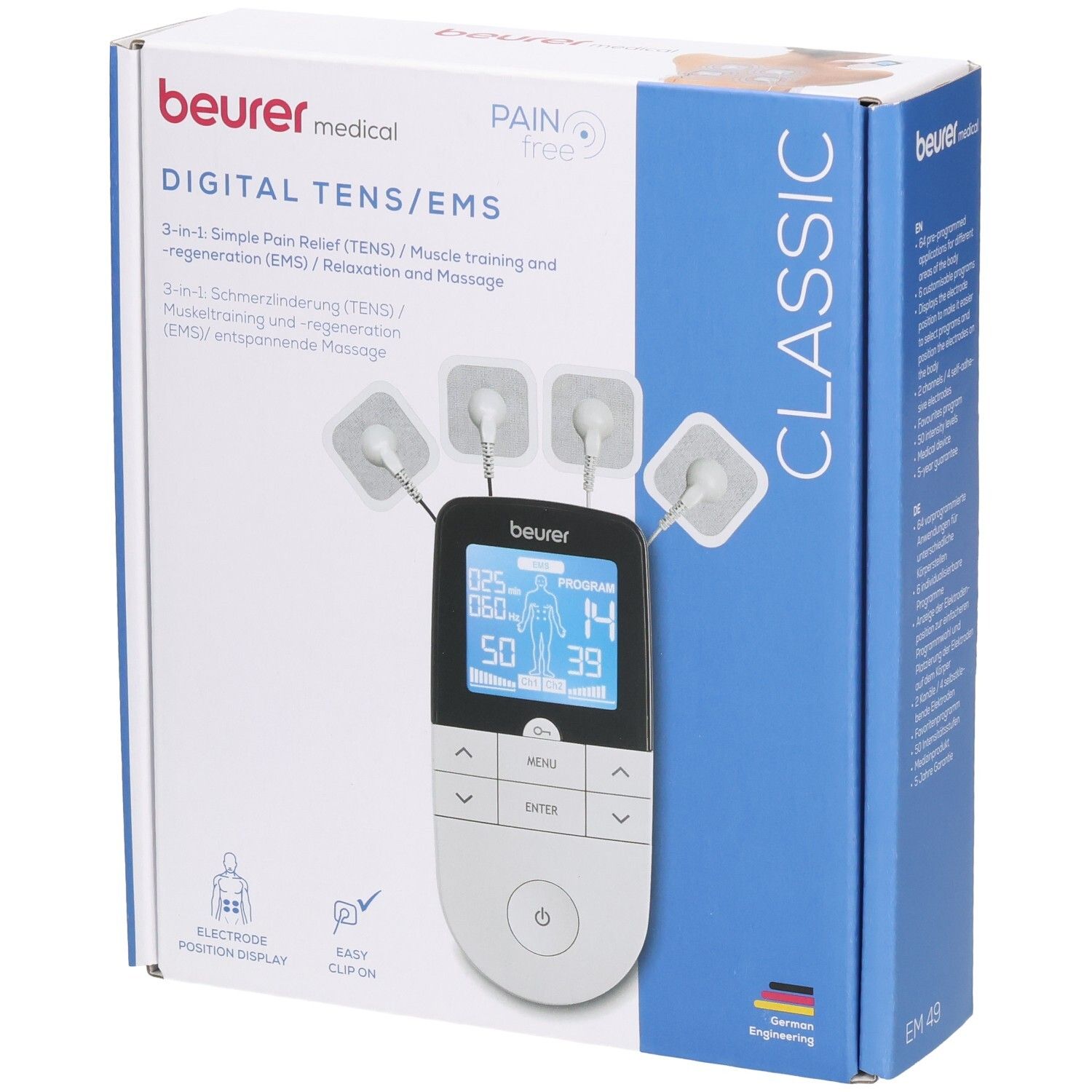 Beurer EM 49 Digital TENS/EMS Gerät Verpackung mit Elektroden und Display.