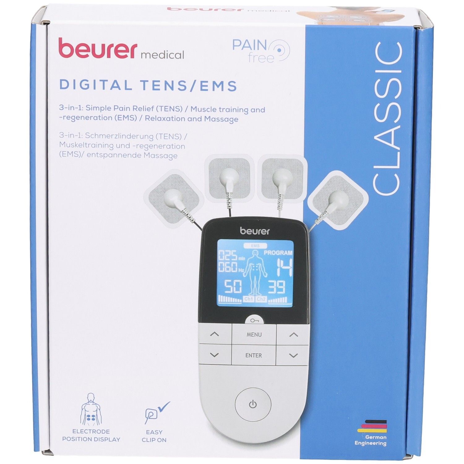 Beurer EM 49 Digital TENS/EMS Gerät Verpackung mit Elektroden und Display.