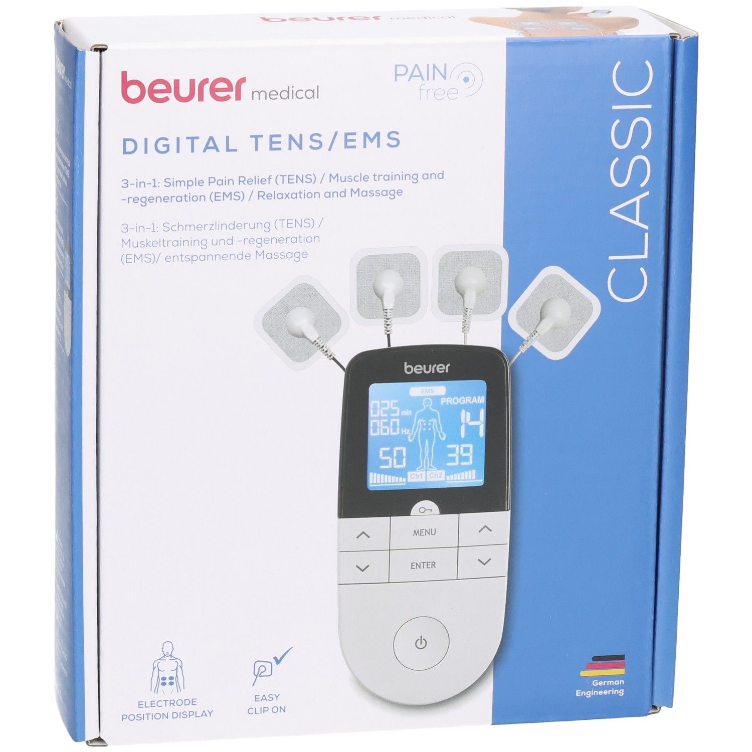 Beurer EM 49 Digital TENS/EMS Gerät Verpackung mit Elektroden und Display.