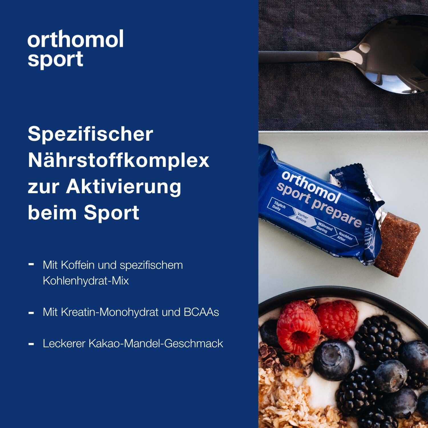 Orthomol Sport prepare - Fruchtriegel mit Kreatin, Koffein und BCAA - Einnahme vor dem Training - Schoko-Mandel-Dattel-Geschmack - Riegel