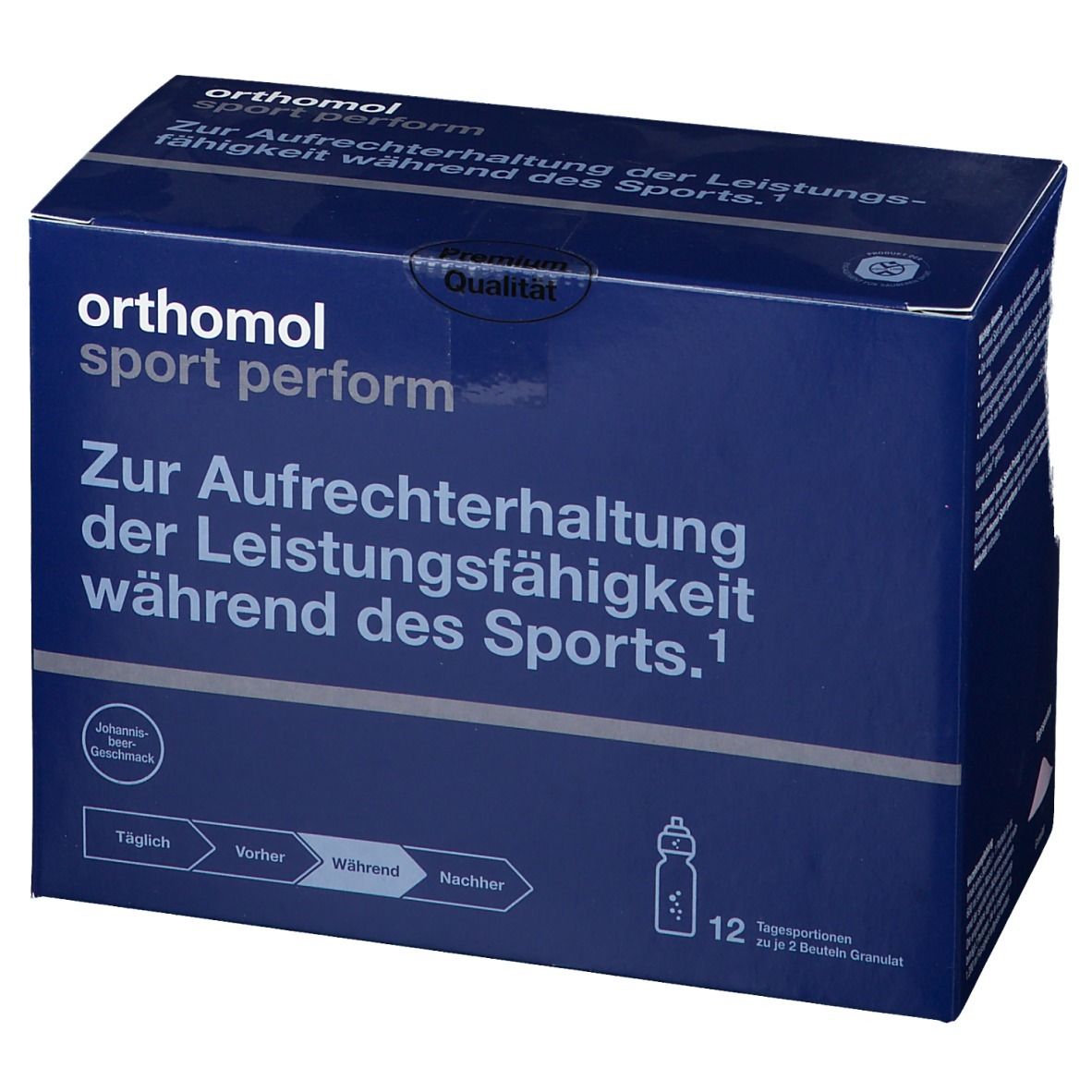 Blaue Verpackung mit "Orthomol sport perform"-Logo. Text: "Zur Aufrechterhaltung der Leistungsfähigkeit während des Sports." 12 Tagesportionen.