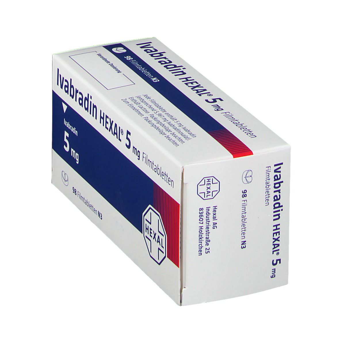 Schachtel mit Ivabradin HEXAL 5 mg Filmtabletten. Blaue und weiße Verpackung mit roter Akzentfarbe. HEXAL-Logo.