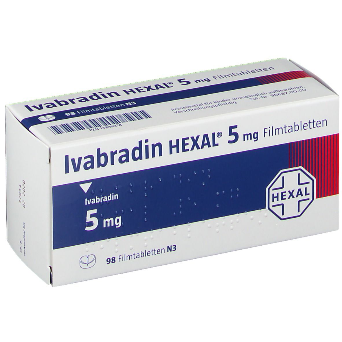 Schachtel mit Ivabradin HEXAL 5 mg Filmtabletten. Blaue und weiße Verpackung mit roter Akzentfarbe. HEXAL-Logo.
