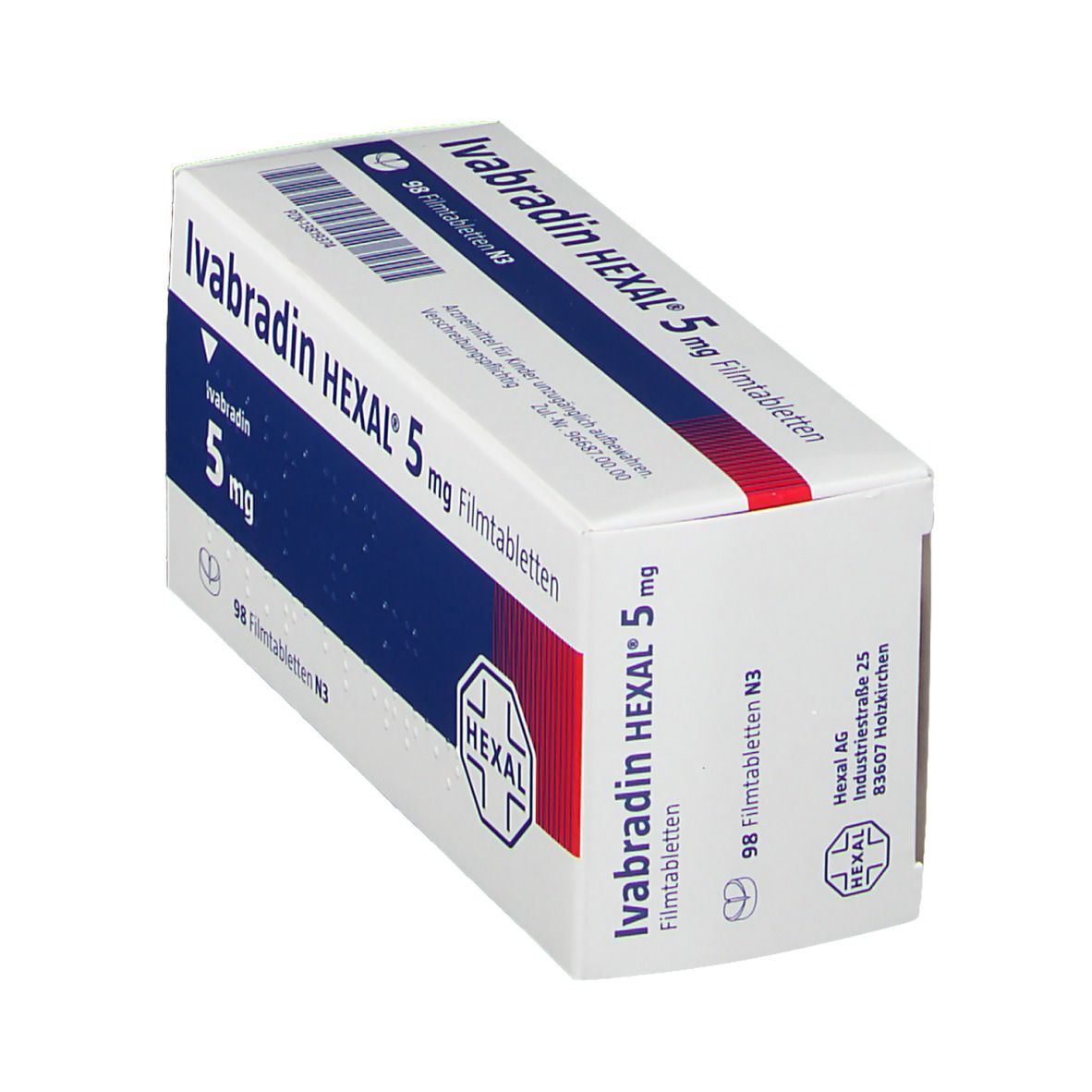 Schachtel mit Ivabradin HEXAL 5 mg Filmtabletten. Blaue und weiße Verpackung mit roter Akzentfarbe. HEXAL-Logo.