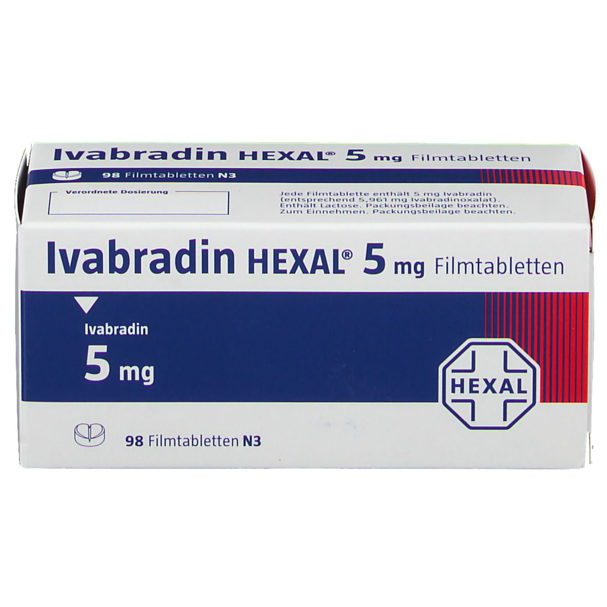 Schachtel mit Ivabradin HEXAL 5 mg Filmtabletten. Blaue und weiße Verpackung mit roter Akzentfarbe. HEXAL-Logo.