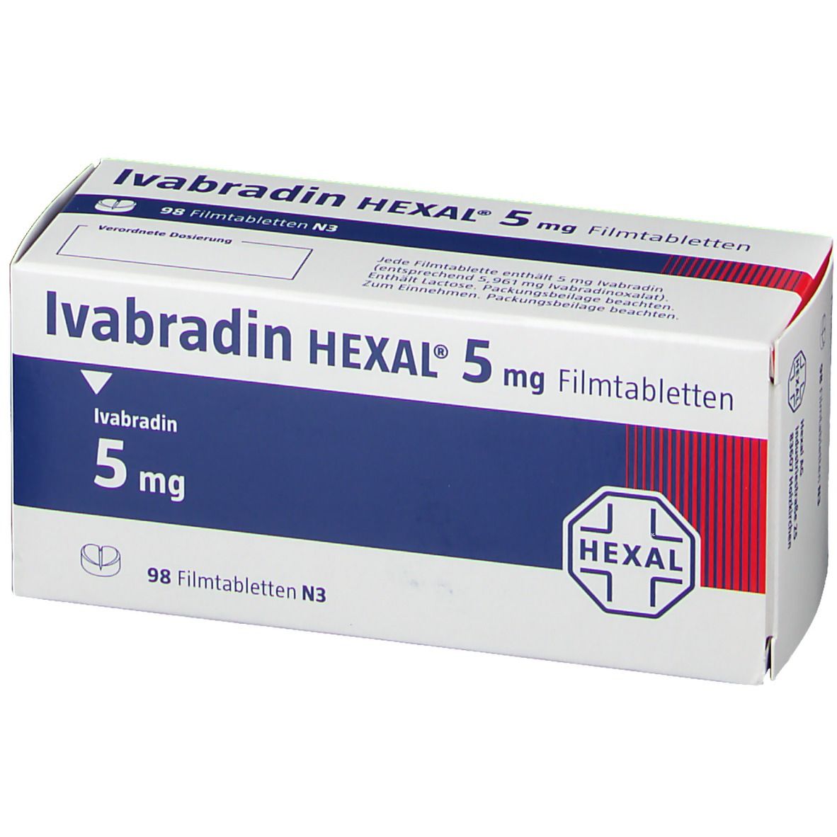 Schachtel mit Ivabradin HEXAL 5 mg Filmtabletten. Blaue und weiße Verpackung mit roter Akzentfarbe. HEXAL-Logo.