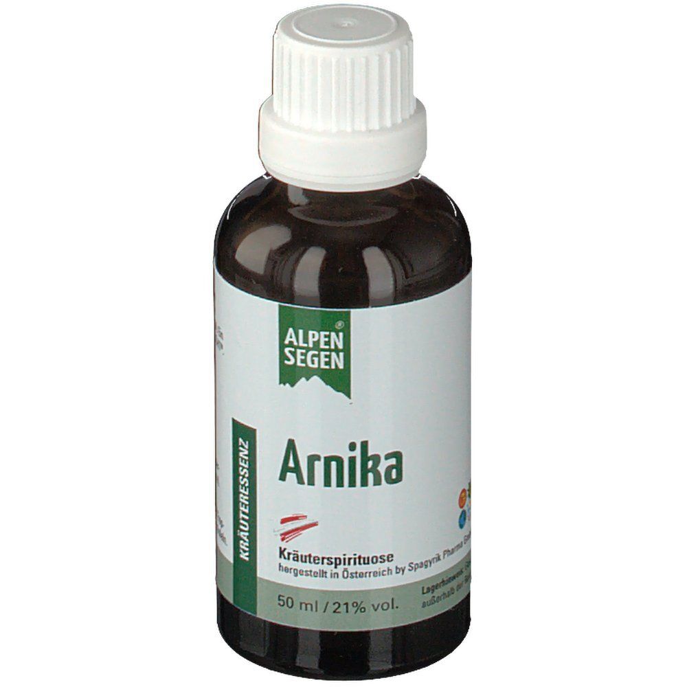 Braune Glasflasche mit weißem Verschluss. Etikett mit "Alpensegen Arnika".
