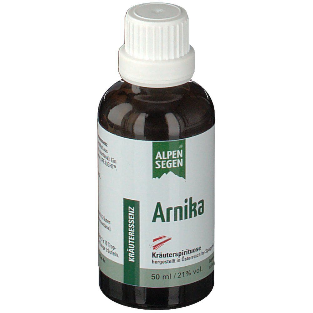 Braune Glasflasche mit weißem Verschluss. Etikett mit "Alpensegen Arnika".