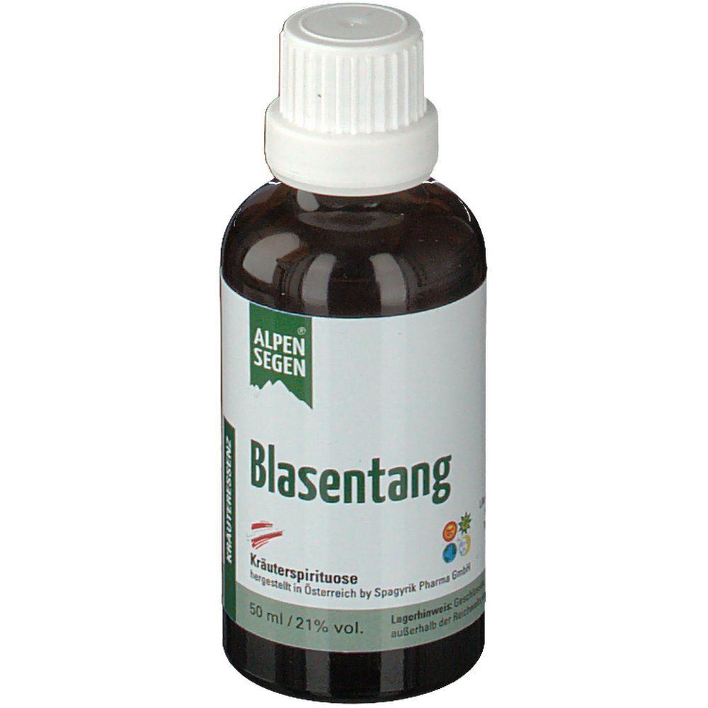 Braune Glasflasche mit weißem Deckel. Etikett mit "Alpen Segen" und "Blasentang". Kräuterspirituose. 50 ml / 21% vol.