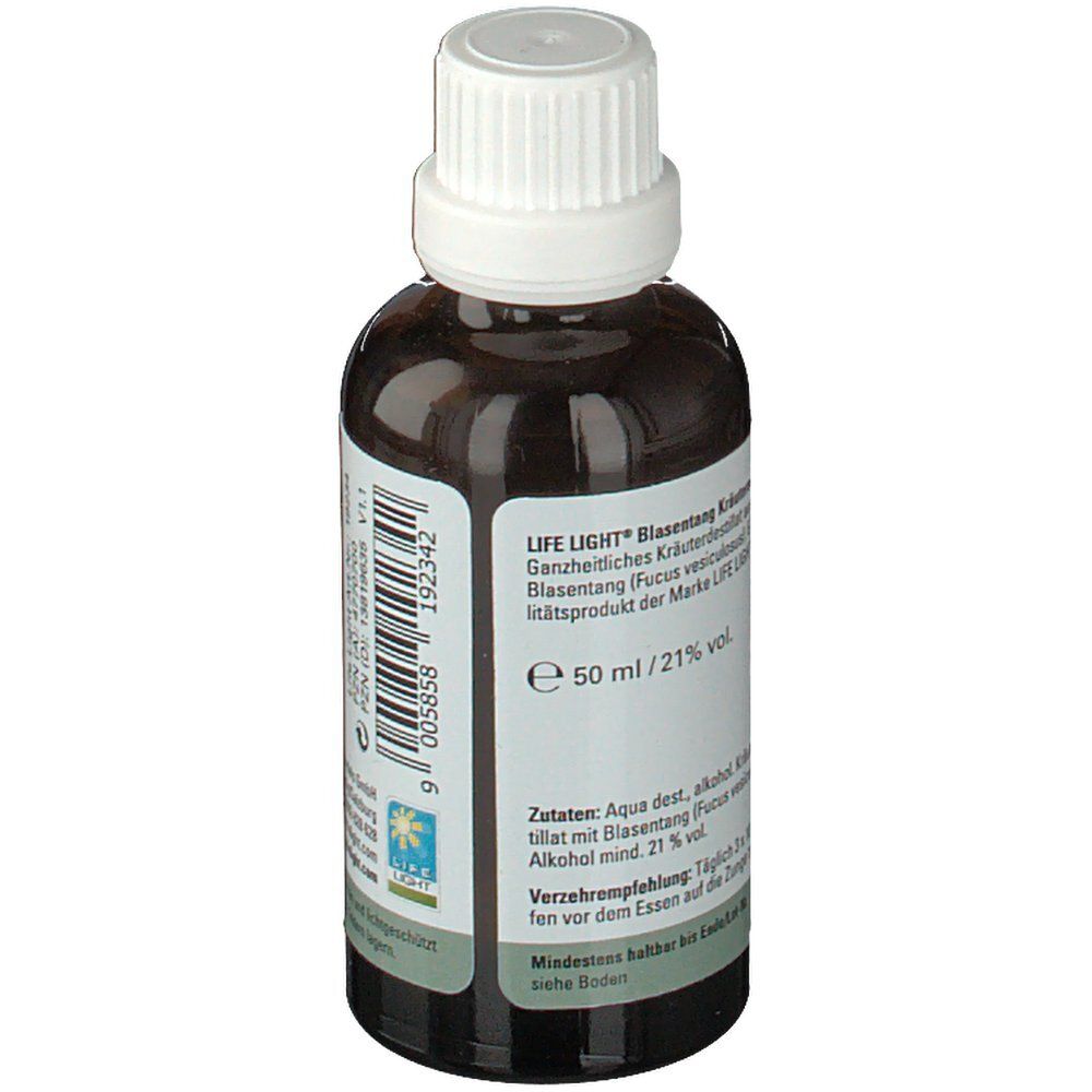 Braune Glasflasche mit weißem Deckel. Etikett mit Produktinformationen, darunter "LIFE LIGHT" und "Blasentang". 50 ml / 21% vol.