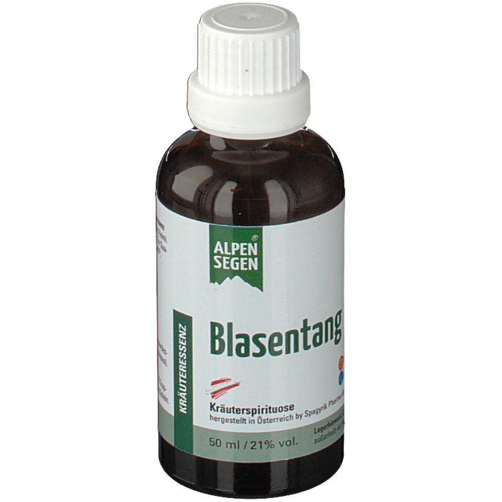 Braune Glasflasche mit weißem Deckel. Etikett mit "Alpen Segen" und "Blasentang". Kräuteressenz. 50 ml / 21% vol.