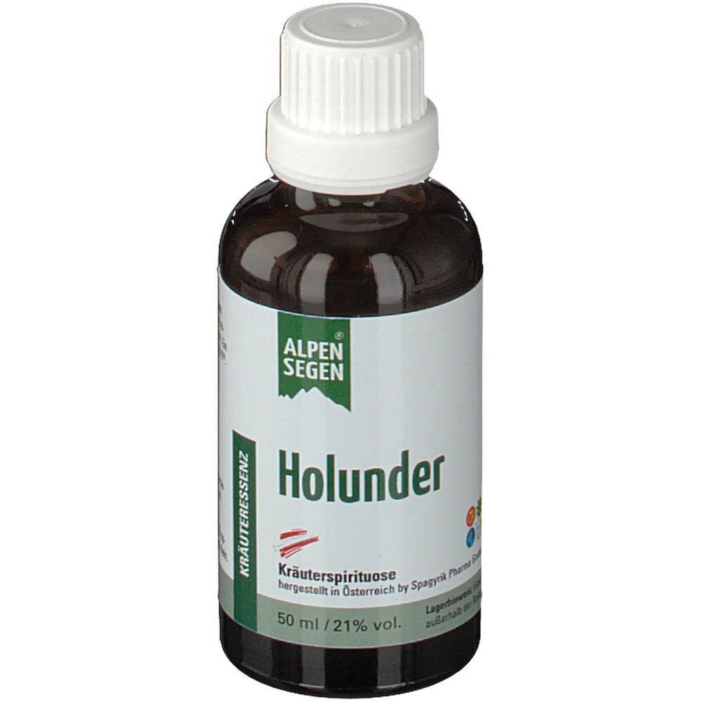 Braune Glasflasche mit weißem Deckel. Etikett mit "Alpen Segen" und "Holunder". Kräuterspirituose, 50 ml, 21% vol.
