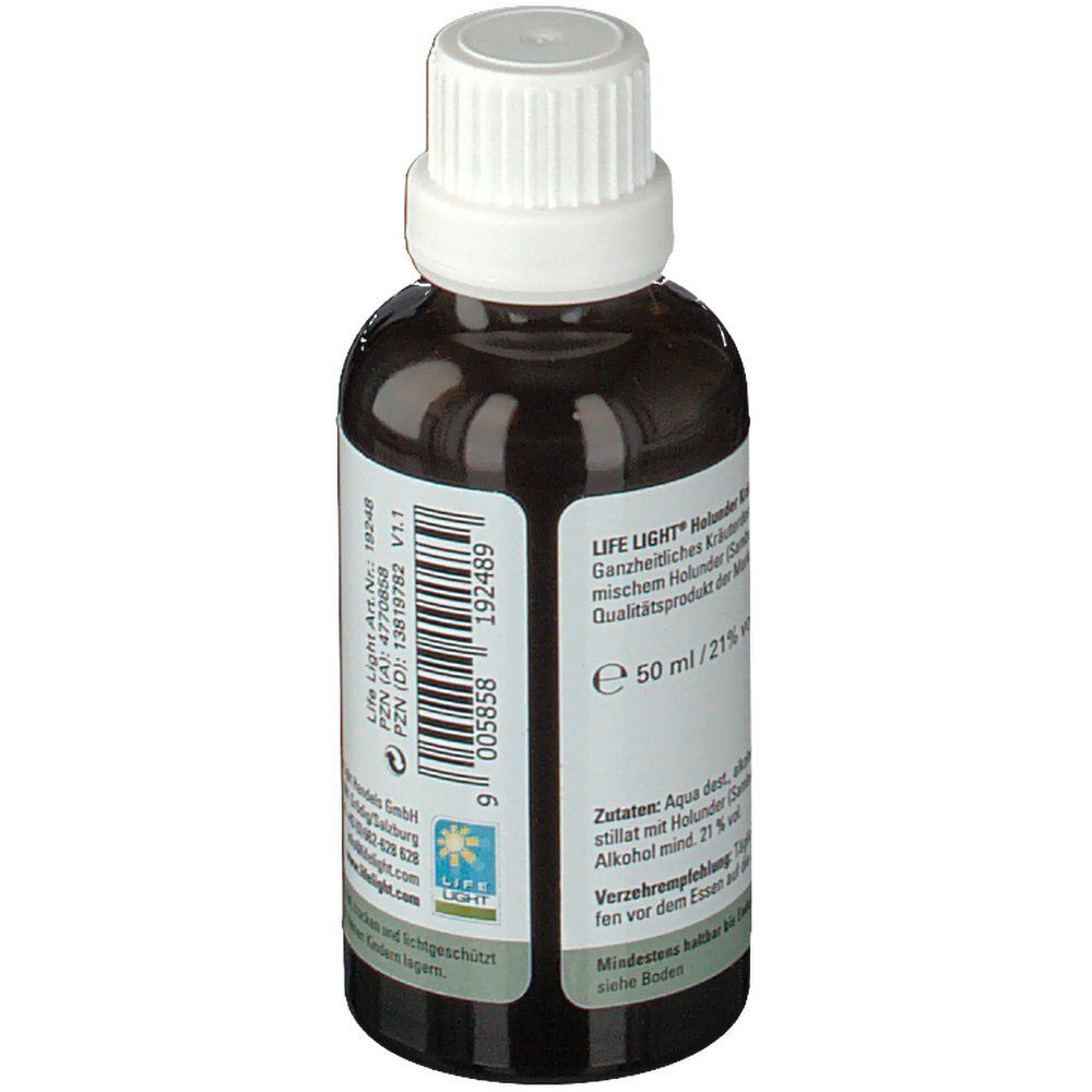Braune Glasflasche mit weißem Deckel. Rückansicht mit Etikett. Informationen zu Inhaltsstoffen und Verzehrempfehlung.