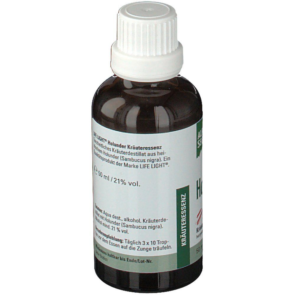 Braune Glasflasche mit weißem Deckel. Etikett mit Produktinformationen und Verzehrempfehlung: 3x10 Tropfen.