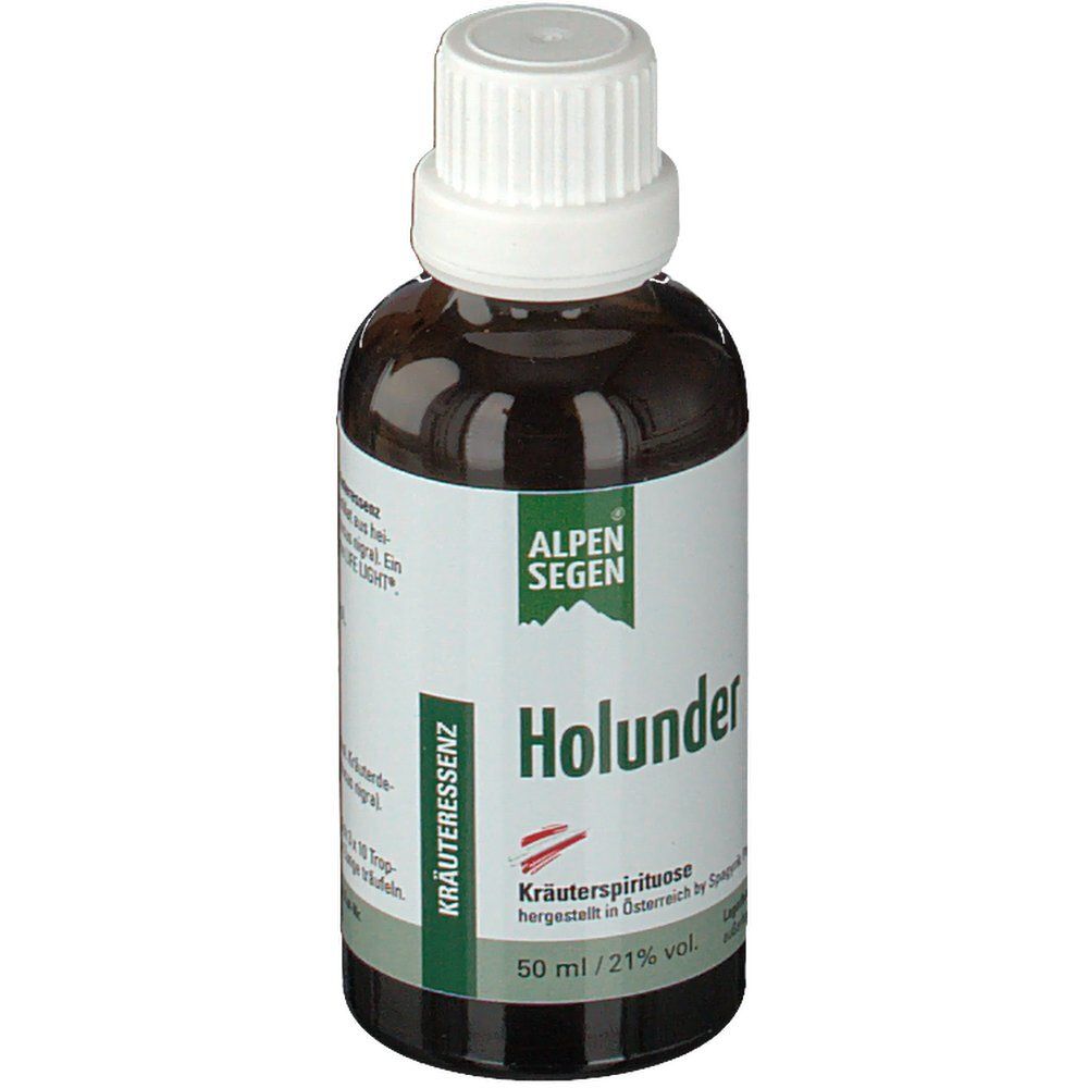 Braune Glasflasche mit weißem Deckel. Etikett mit "Alpen Segen" und "Holunder". Kräuterspirituose, 50 ml, 21% vol.