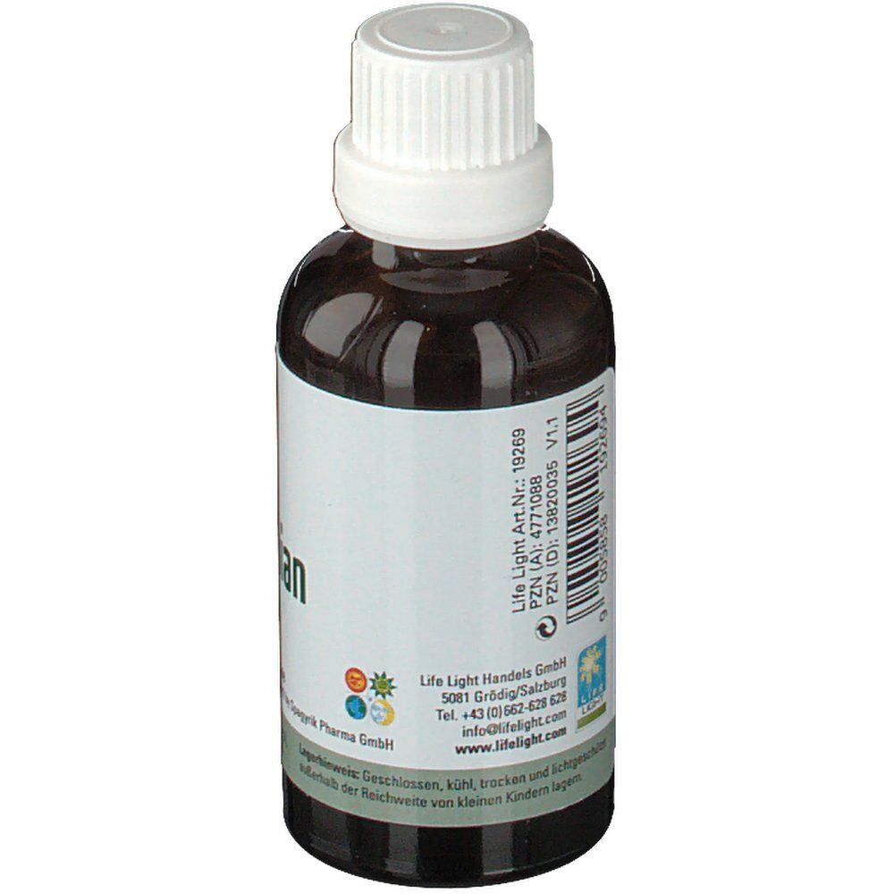 Braune Glasflasche mit weißem Deckel. Rückseite mit Etikett, Text und Barcode. Produktinformationen und Herstellerangaben.