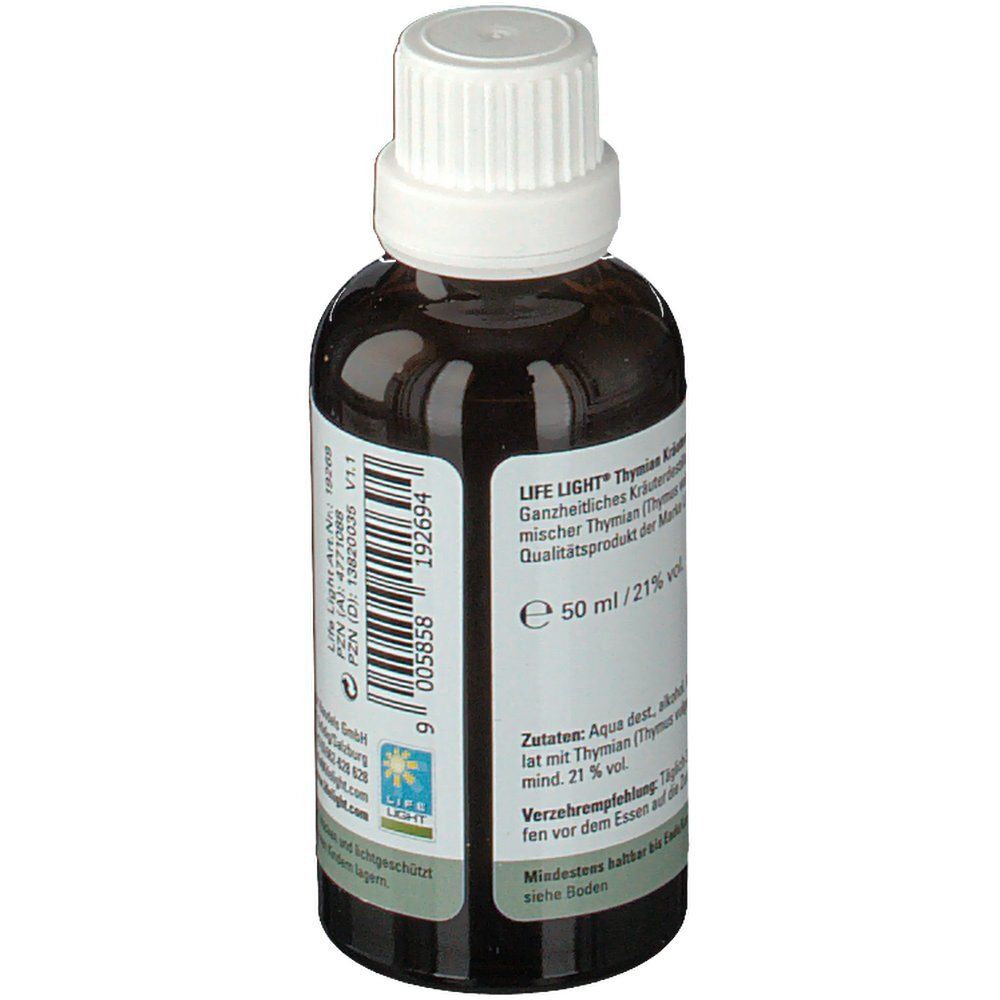 Braune Glasflasche mit weißem Deckel. Rückseite mit Etikett, Text und Barcode. Produktinformationen und Inhaltsstoffe.