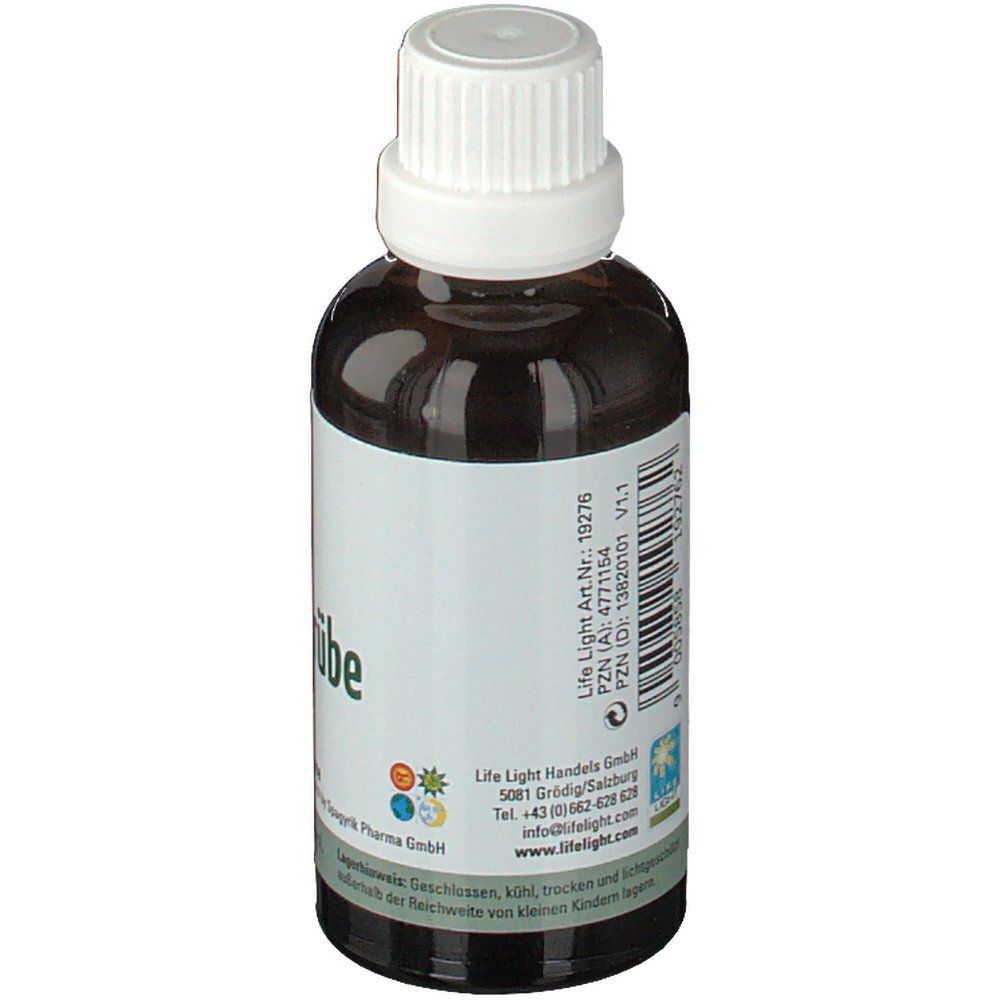Braune Glasflasche mit weißem Deckel. Etikett mit Informationen, darunter "LIFE LIGHT Handels GmbH".