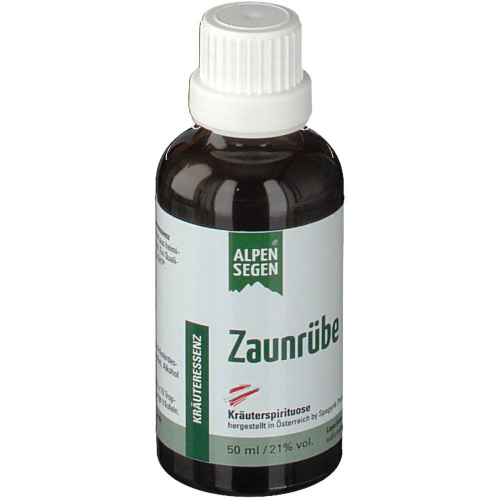 Braune Glasflasche mit weißem Deckel. Etikett mit "Alpen Segen Zaunrübe" und weiteren Informationen.