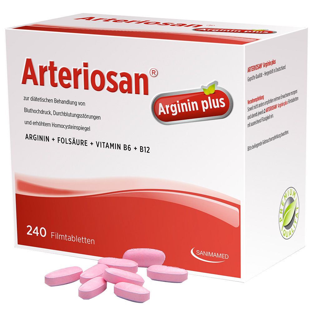 Weiß-rote Verpackung mit Produktnamen und Zusatz. 240 Filmtabletten. Rosa Tabletten liegen davor.
