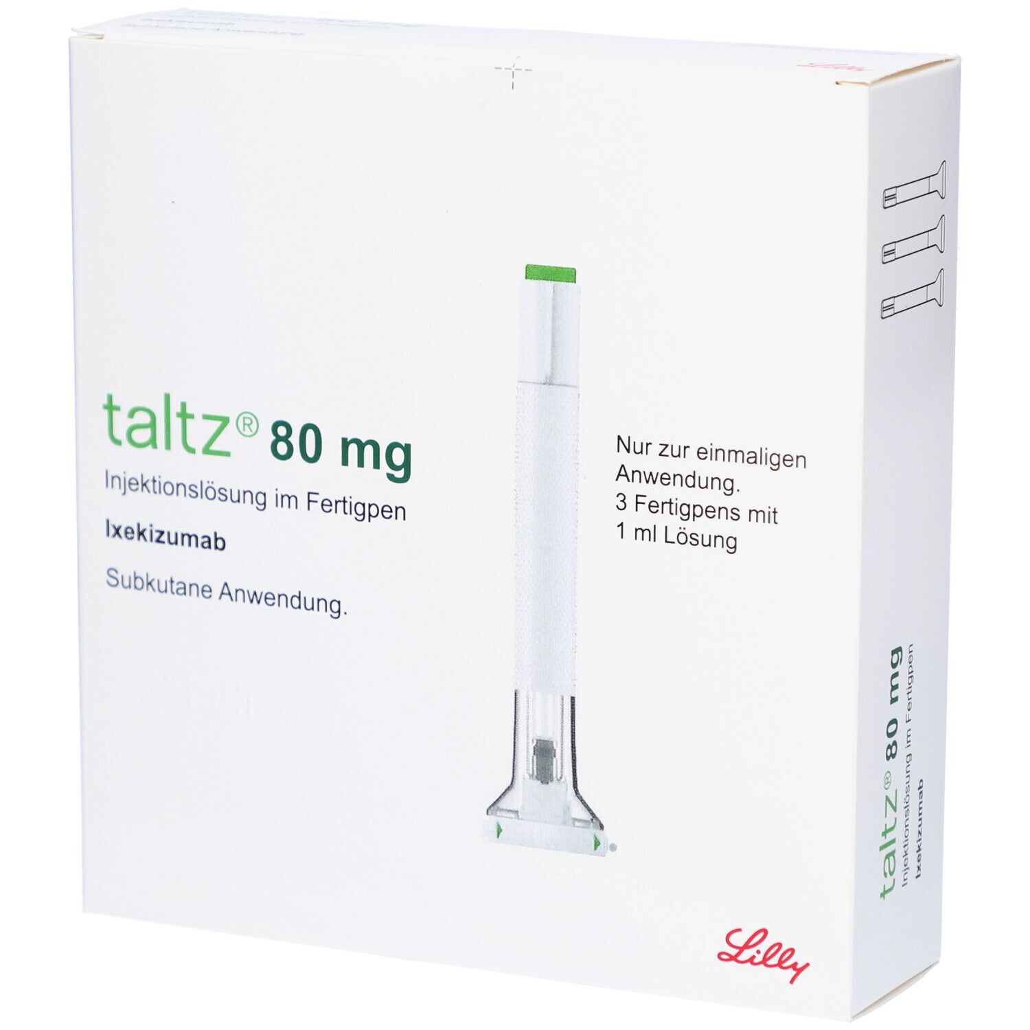 Weißer Karton mit Taltz 80 mg, Injektionslösung im Fertigpen. Ein Fertigpen ist abgebildet.
