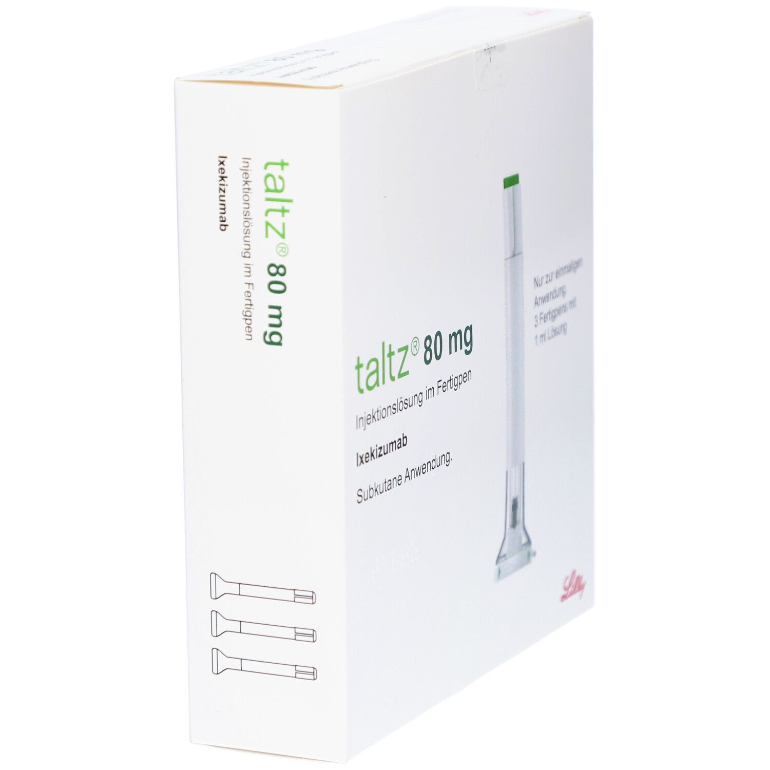 Karton mit Taltz 80 mg, Injektionslösung im Fertigpen. Aufdruck: Taltz, 80 mg, Ixe. Subkutane Anwendung.