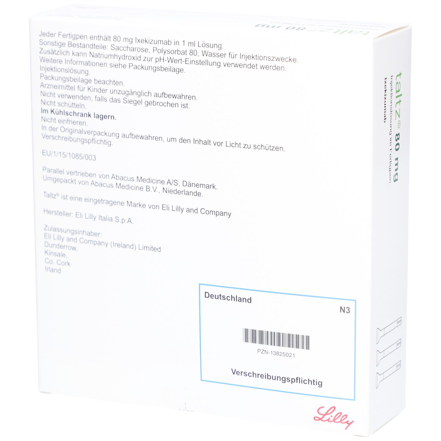Rückseite der Verpackung mit Text. Enthält Informationen zu Inhaltsstoffen, Lagerung, Hersteller und Chargennummer.