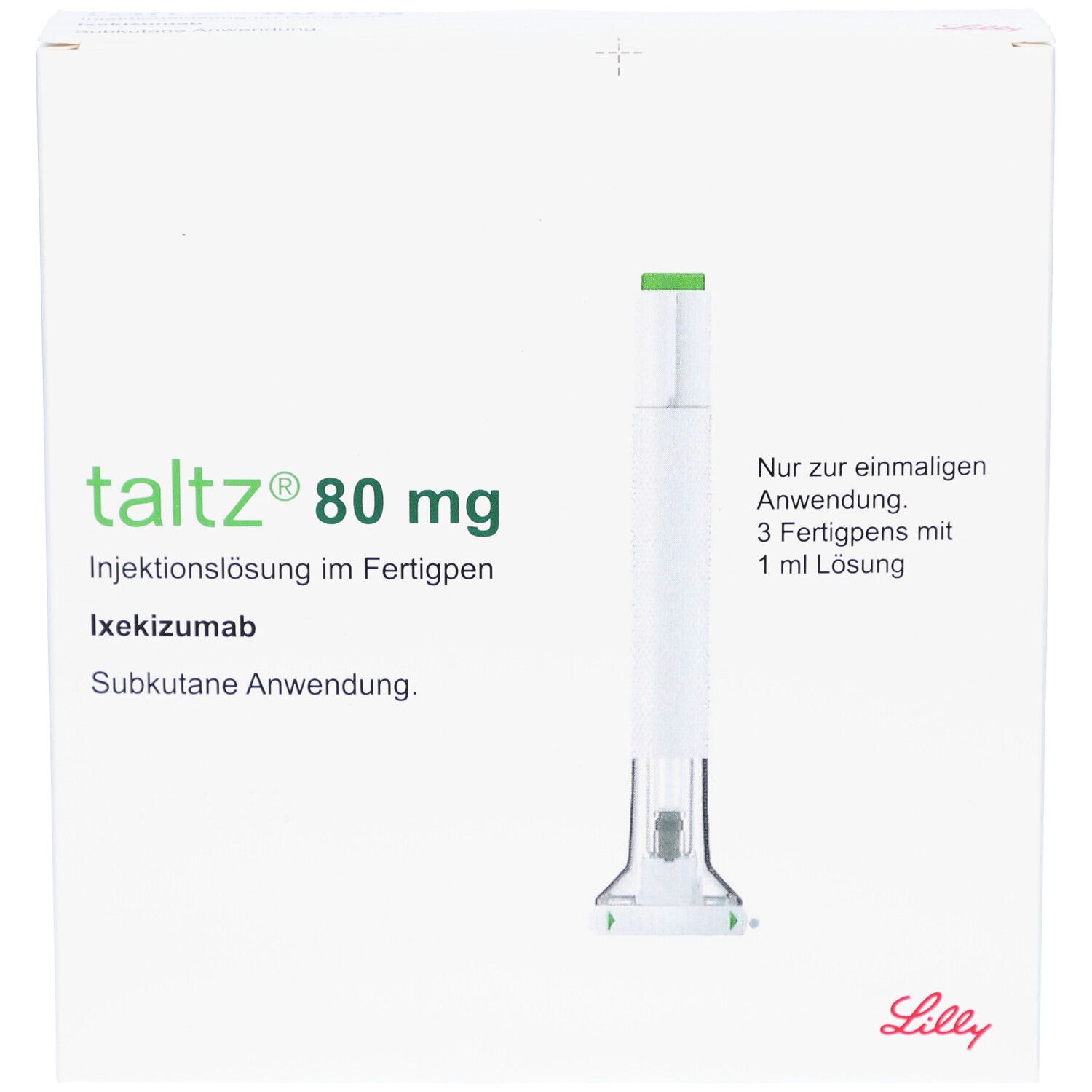 Weißer Karton mit Taltz 80 mg, Injektionslösung im Fertigpen. Ein Fertigpen ist abgebildet.