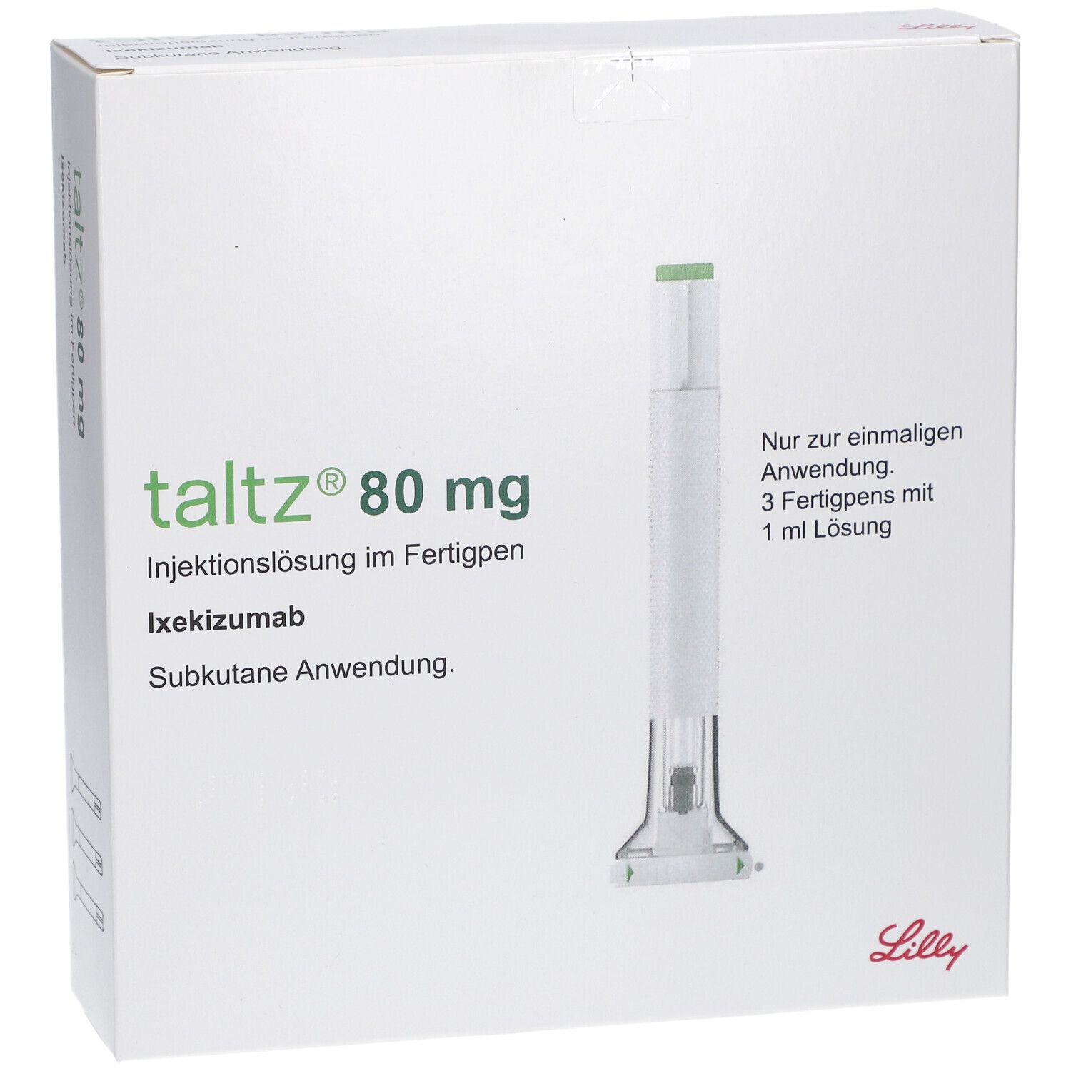 Weißer Karton mit Taltz 80 mg, Injektionslösung im Fertigpen. Ein Fertigpen ist abgebildet.