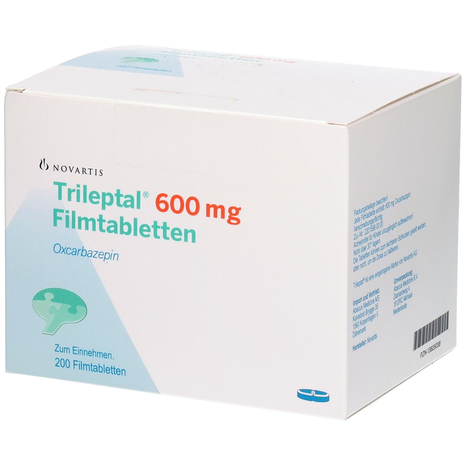Weiße Kartonverpackung mit roter und grüner Beschriftung. Enthält TRILEPTAL 600 mg Filmtabletten. 200 Tabletten.