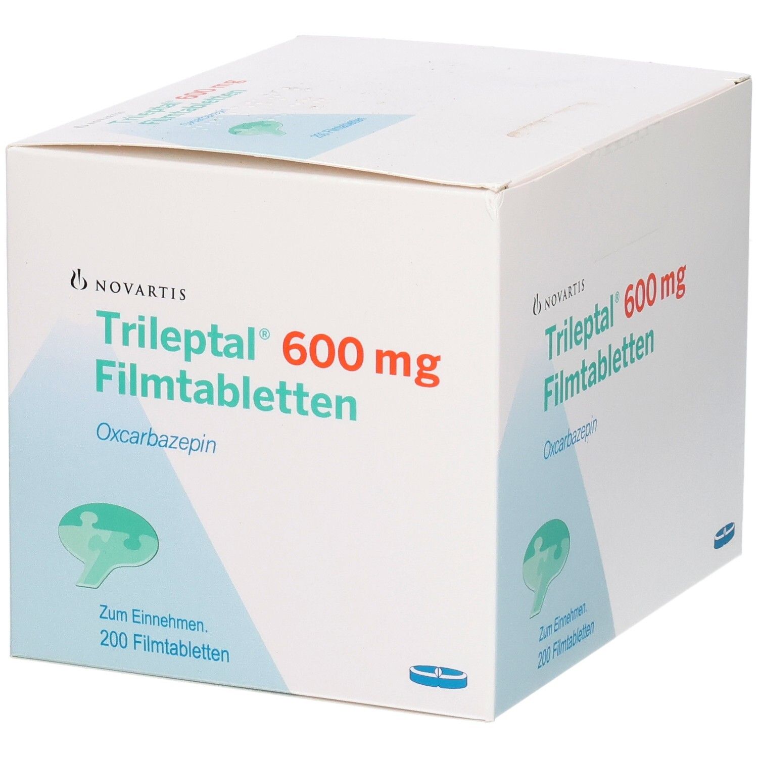 Weiße Kartonverpackung mit roter und grüner Beschriftung. Enthält TRILEPTAL 600 mg Filmtabletten. 200 Tabletten.