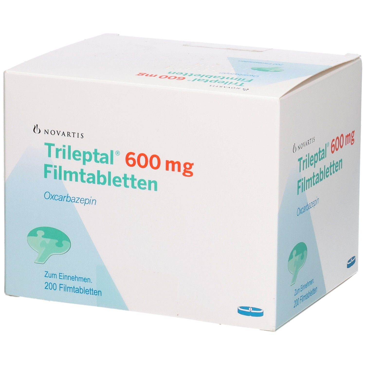 Weiße Kartonverpackung mit roter und grüner Beschriftung. Enthält TRILEPTAL 600 mg Filmtabletten. 200 Tabletten.