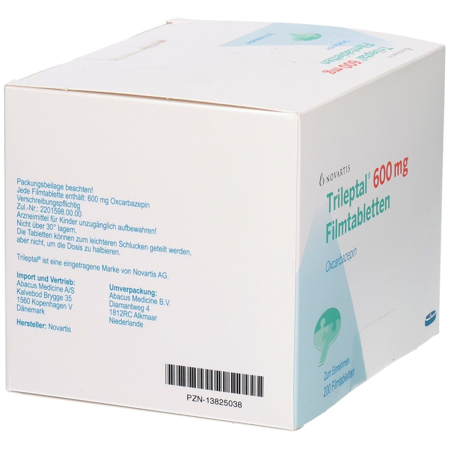 Weiße Kartonverpackung mit roter und grüner Beschriftung. Enthält TRILEPTAL 600 mg Filmtabletten. 200 Tabletten. Rückseite.