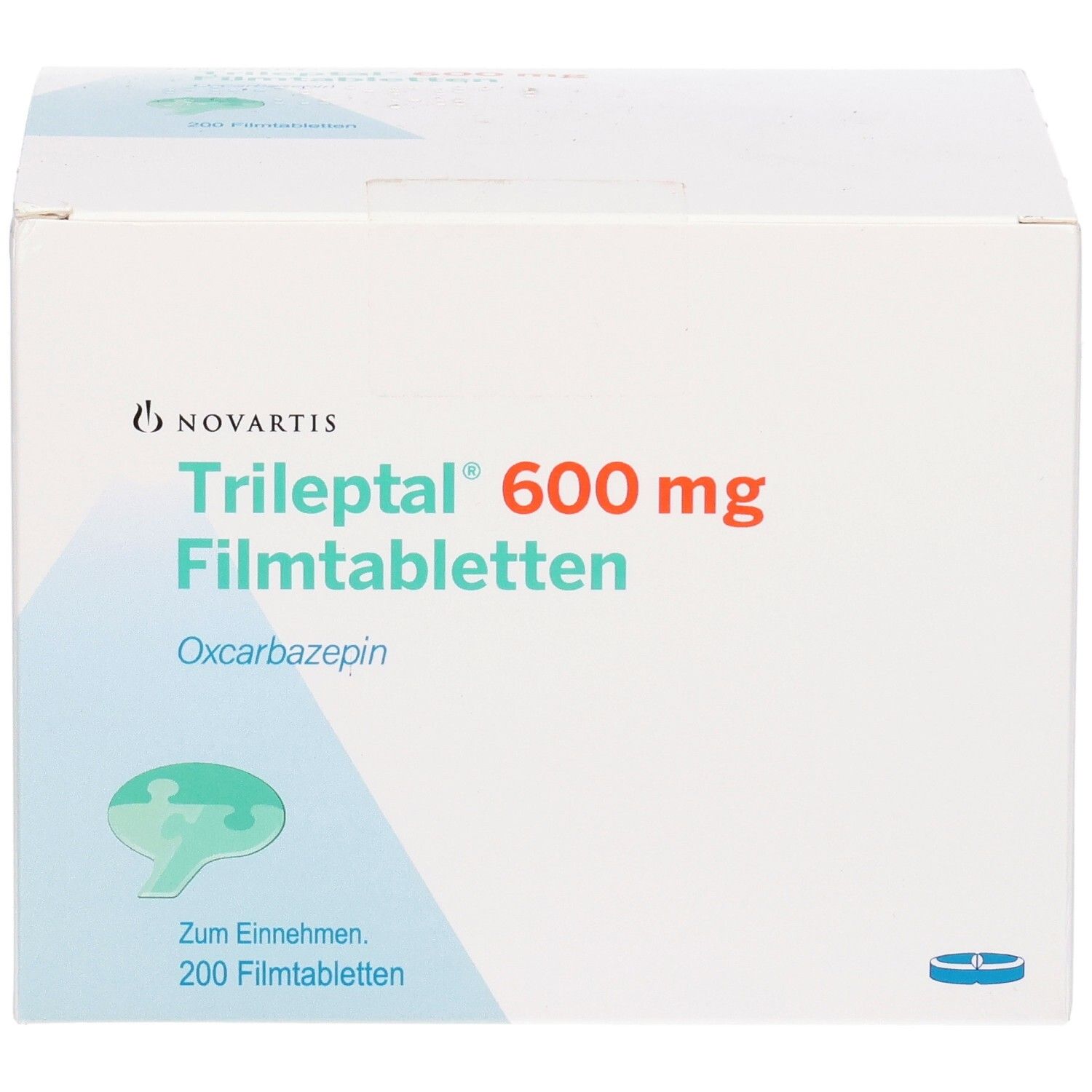 Weiße Kartonverpackung mit roter und grüner Beschriftung. Enthält TRILEPTAL 600 mg Filmtabletten. 200 Tabletten.