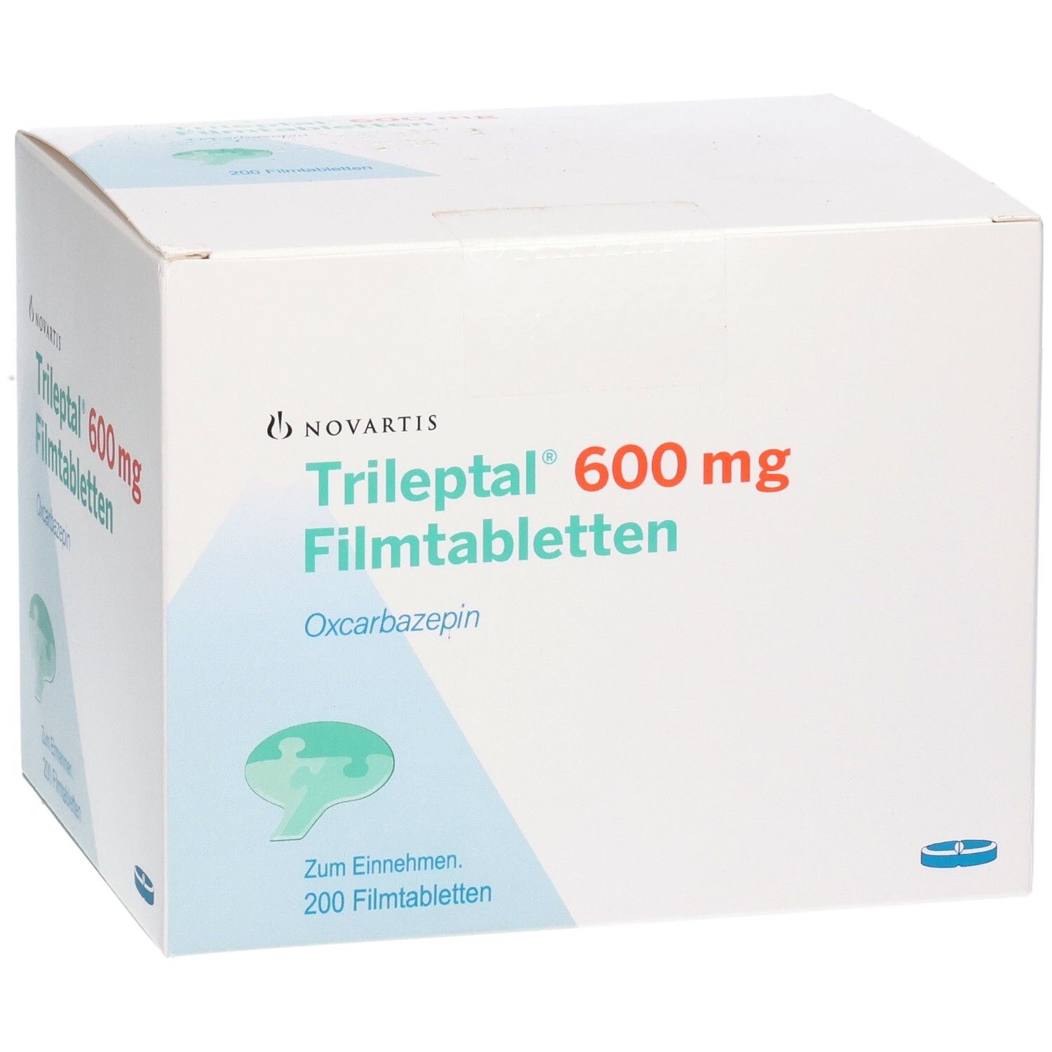 Weiße Kartonverpackung mit roter und grüner Beschriftung. Enthält TRILEPTAL 600 mg Filmtabletten. 200 Tabletten.