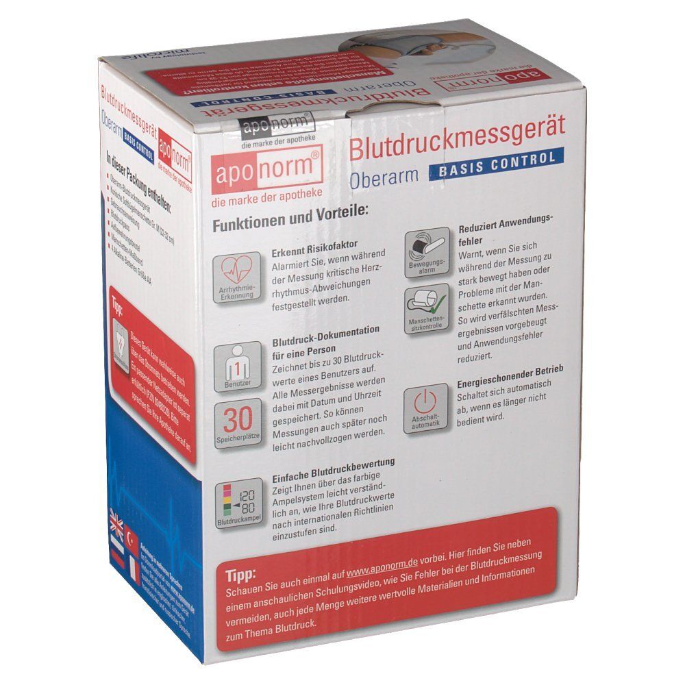 Verpackung des Blutdruckmessgeräts. Rückseite mit Funktionen und Vorteilen. Text: Erkennt Risikofaktor, Blutdruckdokumentation, etc.
