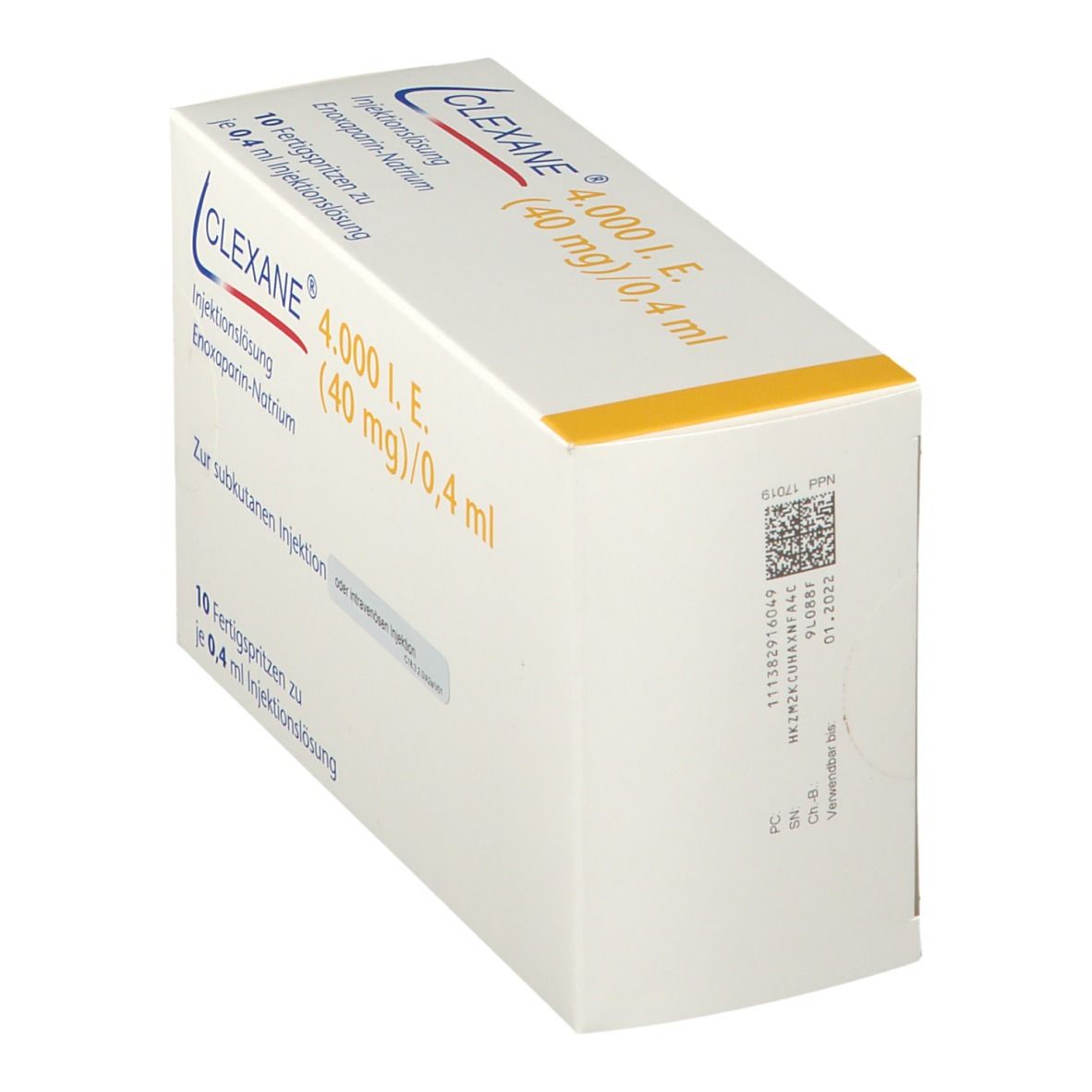 Clexane-Packung, schräg. Aufschrift: 4.000 I.E. (40 mg)/0,4 ml. 10 Fertigspritzen. Injektionslösung. Enoxaparin-Natrium. Mit Barcode.