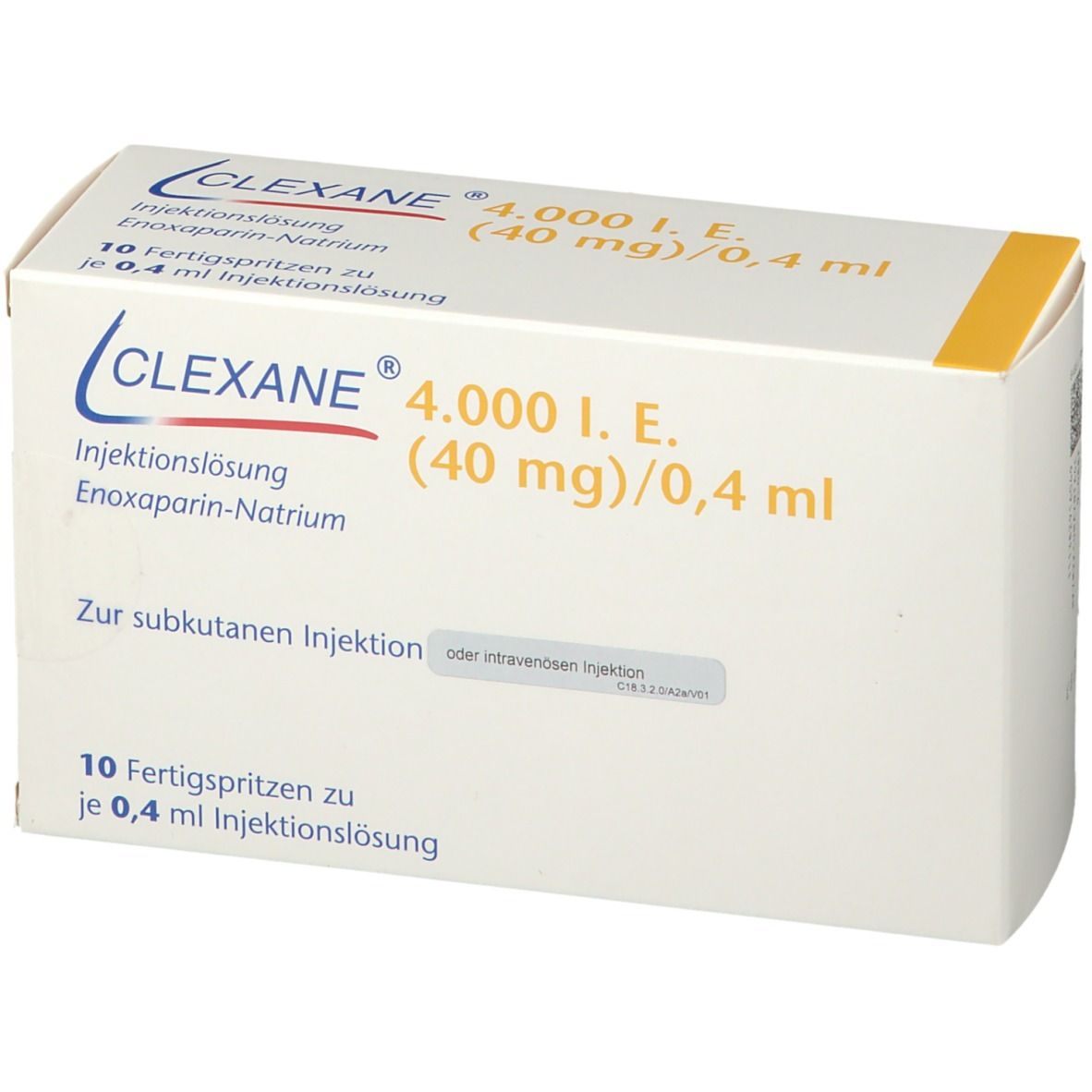 Clexane-Packung. Aufschrift: 4.000 I.E. (40 mg)/0,4 ml. 10 Fertigspritzen. Injektionslösung. Enoxaparin-Natrium.