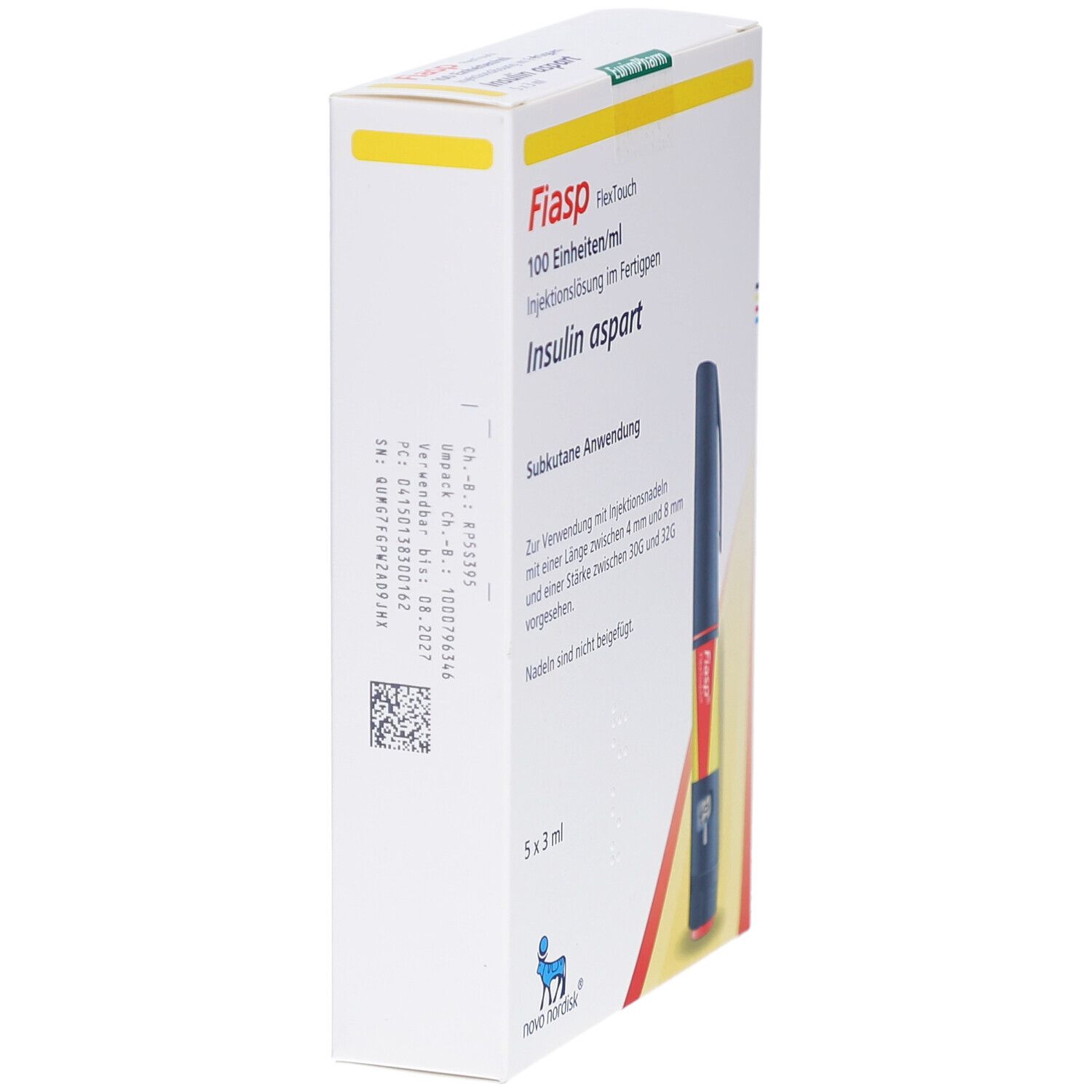 Seitenansicht der Fiasp FlexTouch-Verpackung. Enthält einen Fertigpen. Text: Insulin aspart, 100 Einheiten/ml. 5x3 ml.